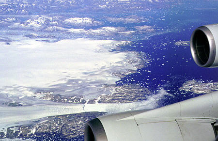 Jet engines frame the glaciers of Greenland.