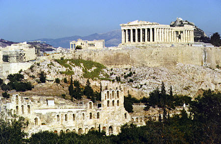 Acropolis seen from Filopapou Hill in Athens. Greece.