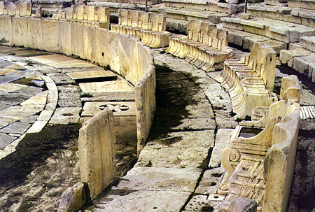 Seating at Theatre of Dionysos on southern portion of Acropolis, Athens. Greece.