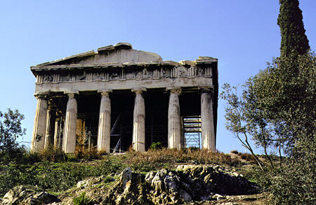 Temple of Hephaestus (Thesseion) built between 449 and 415 BC is dedicated to the divinity of smiths on Thissio Agora (Agora Hill), Athens. Greece.