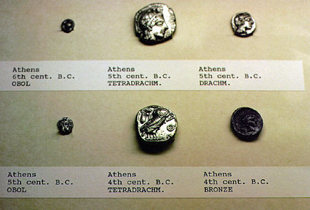 Coins dating back to 6th century BC in Stoa of Attalus Museum, Athens. Greece.