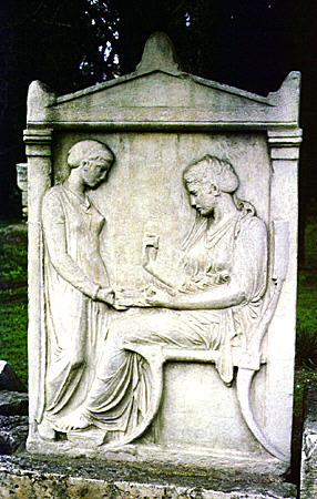 Funerary monument of two sisters, Demetria & Pamphile (350 BCE) in Kerameikos Cemetery, Athens. Greece.