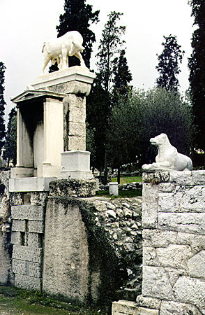 Statues of bulls as funerary monuments in the Kerameikos Cemetery in Athens. Greece.