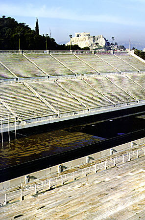 Acropolis overlooking the stadium built in 1889 for the first modern Olympic games in Athens. Greece.