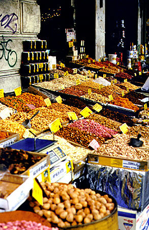Nuts and dried goods for sale at the central market in Athens. Greece.