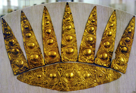 Gold foil from Mycenes used to decorate garment or shroud in National Archeological Museum, Athens. Greece.