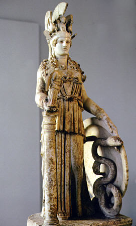 Varvakion Athena at National Archeological Museum in Athens is a 2nd or 3rd century copy of one by Pheidias in Parthenon in 447 BC, 1/12 the size. Greece.