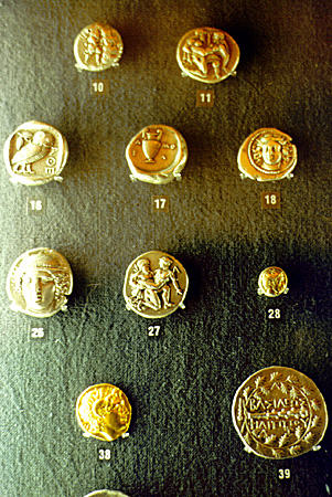 Gold coins from Numismatic Museum housed in Schliemann's Mansion, Athens. Greece.
