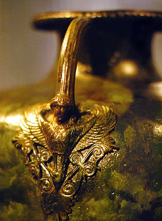 Bronze hydria burial vessel (c450-440 BCE) with cast handles and hammered body at Cycladic Art Museum, Athens. Greece.