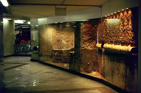 Archeology in the Athens metro, uncovered artifacts are displayed including terracotta pipes of Pisistradio aqueduct. Greece.