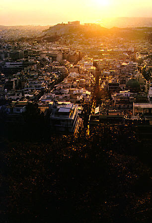 Sunset over Acropolis seen from Likavitos Hill, Athens. Greece.
