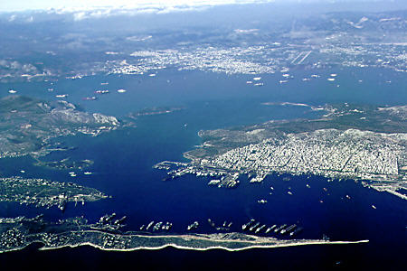 Shipping port beyond Pireus viewed from the air. Greece.
