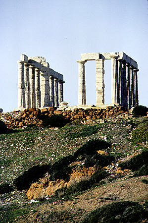 Temple of Poseidon circa 440 BC in Sounion, Attica, was restored in the 19th century. Greece.