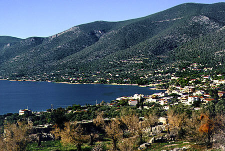 Egosthena town and bay seen from its Acropolis. Greece.