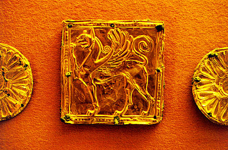Gold leaf Griffin on bronze from Delphi (Delfi) Museum. Greece.