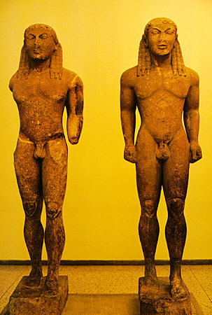 Statues of brothers Cleobis and Biton by artist Polymedes from approximately 600 BC in Delphi (Delfi) Museum. Greece.