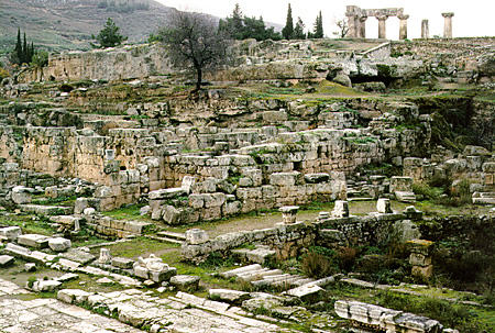 Agora and columns of Temple of Apollo in Ancient Corinth. Greece.