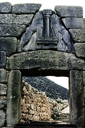 Heads of Mycenae Lion Gate were once pegged in place. Greece.