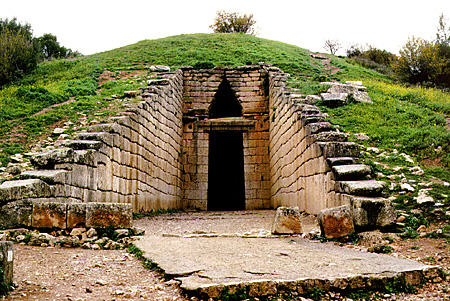 Treasury of Artreus tomb in Mycenae is one of two Tholos (beehive) shaped tombs in Greece to have two chambers. Greece.