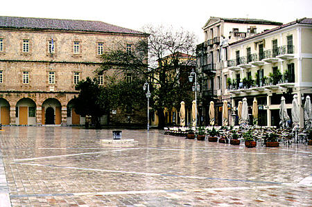 Main square of Nafplion (Nafplio) with Archeology Museum. Greece.