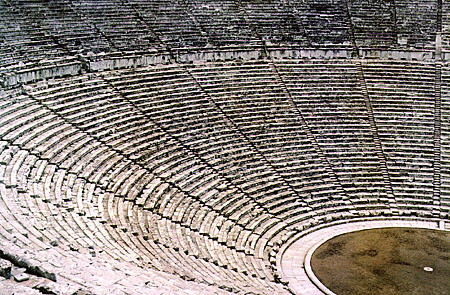 Epidauros Theatre is well preserved and has near perfect acoustics. Greece.