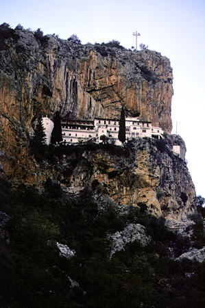 Elona Monastery clings to cliffs outside of Leonidio. Greece.