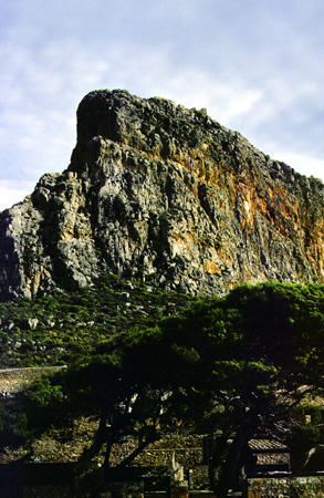 View of fortified rock as seen from causeway approach in Monemvasia. Greece.
