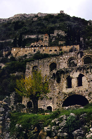 Overview of Mistra (Mystra) ruins Moni Pantanassa (Pandanassas) Church and castle. Greece.