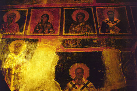 Frescos from 13th and 14th century inside Mitropolis church, Mistra. Greece.
