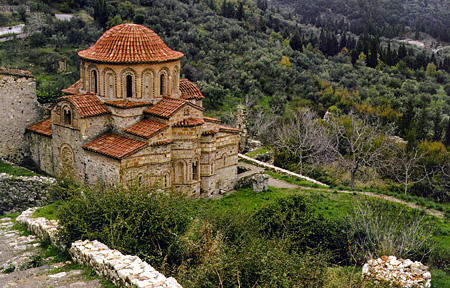 Odigitria church in Mistra built in 14th century seen from above. Greece.