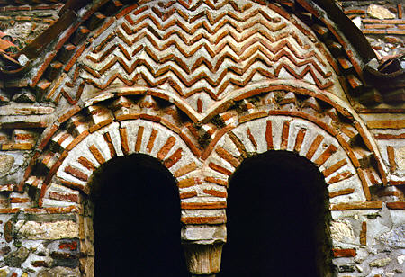 Brickwork detail of Agios Georgios Funerary Chapel in Mistra (Mystra). Greece.