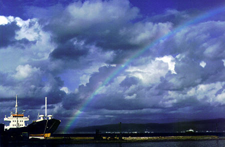 Rainbow over Pilos harbor. Greece.