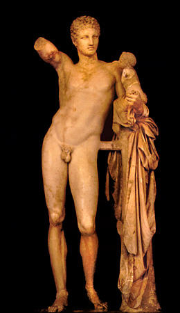 Hermes by Praxiteles in Olympia Museum is circa 340 to 330 BCE and was found during excavation of Temple of Hera in 1877. Greece.