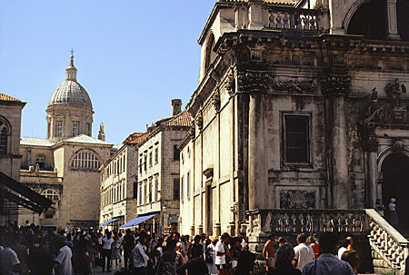 Crowds in streets of old Dubrovnik by St Blaise's Church. Croatia.
