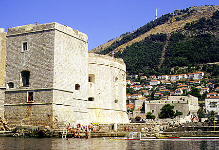 Outer walls of old Dubrovnik with new city in background. Croatia.
