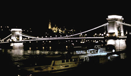 Chain Bridge at night across Danube (Duna / Donau), Budapest. Hungary.