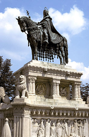 Bronze statue of St Stephen, first King of Hungary, on Trinity Square in Budapest. Hungary.