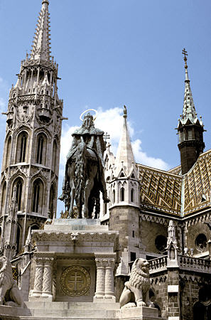 St Matthias Church & Statue of St Stephen in Buda, Budapest. Hungary.