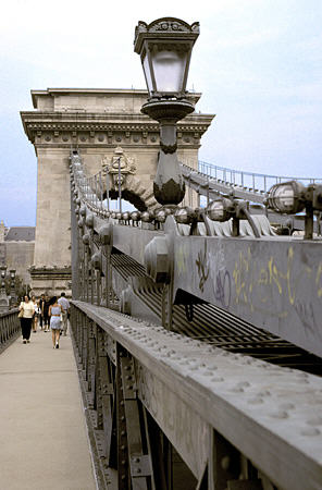 Detail of Chain Bridge which crosses Duna (Danube), Budapest. Hungary.