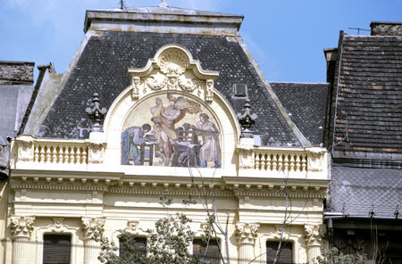 Mural with Mercury on Fövám Tér building at Pest end of Liberty Bridge, Budapest. Hungary.