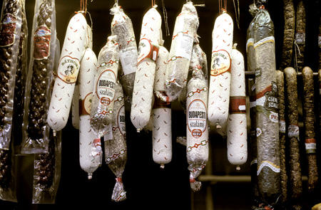 Salami for sale in Central Market, Budapest. Hungary.