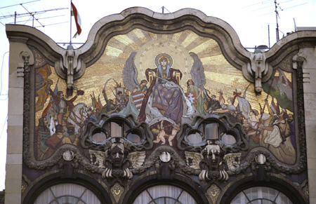 Art Nouveau facade on Szervita Tér, Budapest. Hungary.