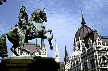 Parliament dome & equestrian statue, Budapest. Hungary.
