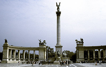Millennium Monument topped by statue of Archangel (Városliget) at Hösök Tere, Budapest. Hungary.