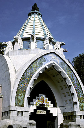 Budapest Zoo (opened 1866) entrance with ring of sculpted polar bears considered to be oldest zoo in the world. Hungary.