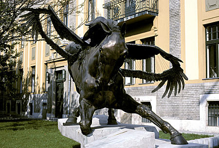 Statue of flying horse north of Westend Citycenter, Budapest. Hungary.