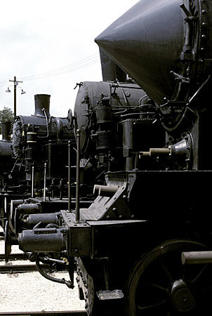Steam locomotives lined up at Railway Museum, Budapest. Hungary.