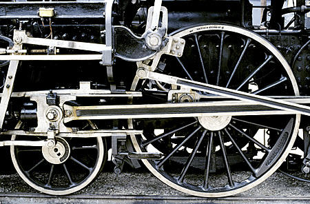 Steam locomotive wheels at Railway Museum, Budapest. Hungary.