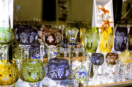Colored cut glass on display in Szentendre. Hungary.