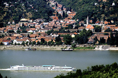 Boat goes through Danube Bend at Visegrád. Hungary.